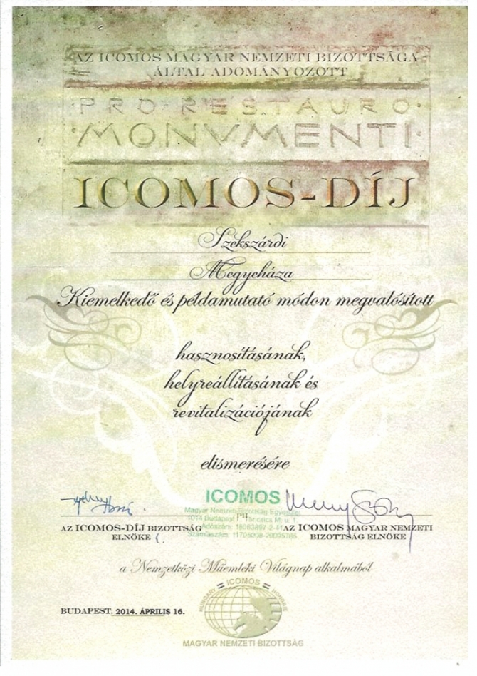 Icomos-díj a Vármegyeháza felújításáért Icomos-díj a Vármegyeháza felújításáért