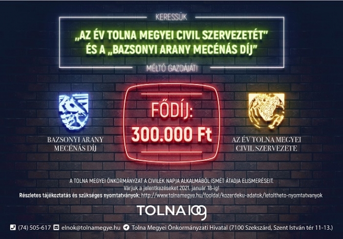 A 2020-as Év Tolna Megyei Civil Szervezete díjra várjuk a jelentkezéseket 